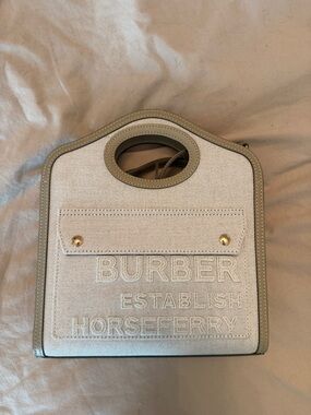 Burberry Cream Canvas Horseferry Mini Tote with Taupe Trim